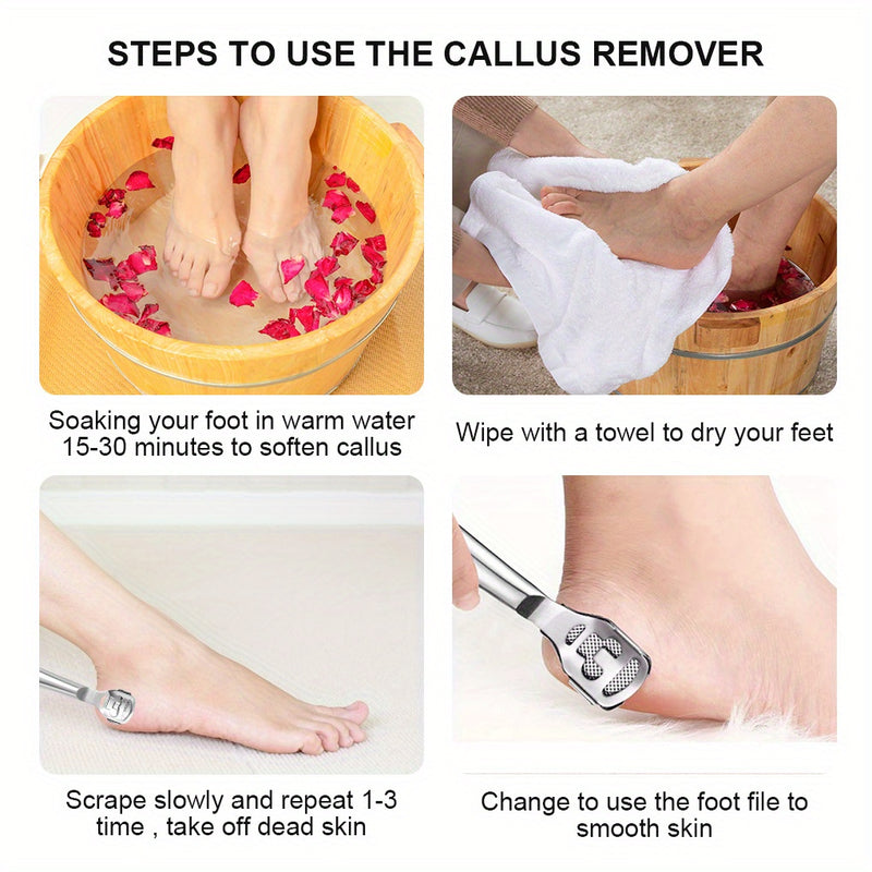Un kit de afeitado de callos que incluye 20 cuchillas de repuesto, una navaja de callos y una lima para pies para el cuidado de los pies, todo empaquetado en una caja de metal. Es fácil de reemplazar y transportar, con bordes pulidos y mangos para comodi