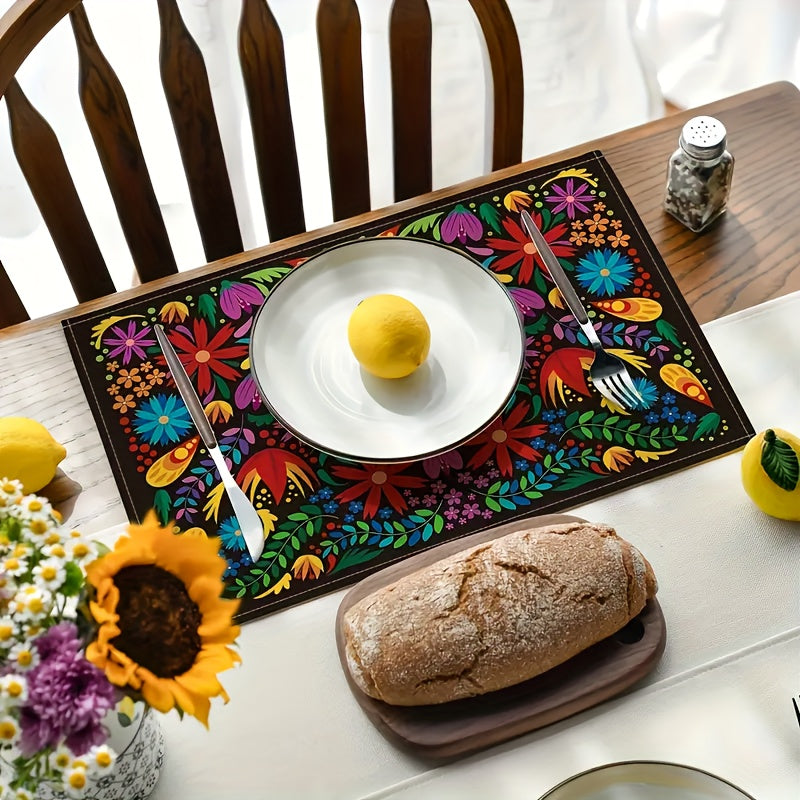 Juego de 4 Manteles Individuales con Diseño Mexicano y Flores - Vivos para el Día de los Muertos, Solo Lavado a Mano, Tapetes Rectangulares de Poliéster al 100% para Fiesta de Halloween y Decoración del Hogar