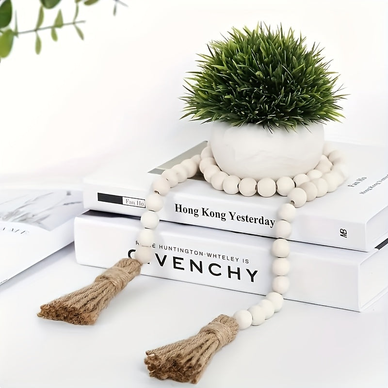 Corona de Estilo Nórdico con Cuentas de Madera y Borlas - Perfecta para el Día de San Valentín, Decoración de Salón y Dormitorio, No Necesita Energía, Flores, Cuerda de Cáñamo, Accesorios para Colgar, Regalos para el Día de la Madre