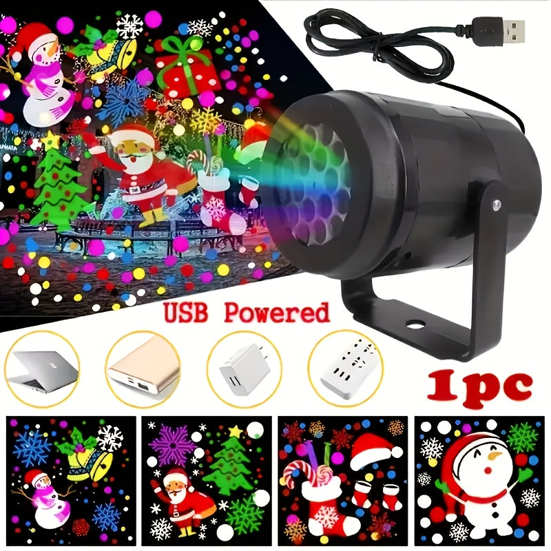 Proyector LED Navideño con USB - Copos de Nieve, Bastones de Caramelo y Santa Claus - Sin Baterías Necesarias, Conexión USB Plug-and-Play para Decoraciones Festivas - Iluminación Compacta para Hogar, Fiestas, Bodas, Ventanas o Paredes - Ambiente Invernal