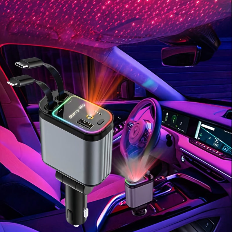 Cargador de auto extensible SAN.COMO con 4 en 1, luz ambiental de techo de 66W, cable retráctil de 80.01 cm, 2 puertos USB, carga rápida USB-C, ajuste de dirección libre de 180°, diseño antienredos, compatible con múltiples modelos de teléfonos, universa