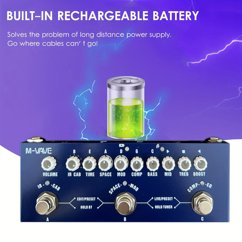 Pedal de Efectos de Bajo Portátil M-VAVE CUBE para Jóvenes con Interfaz de Audio Inalámbrica - Batería de Polímero de Litio Recargable, Compatible con USB, para Grabación de Teléfono y Reproducción de Música, Azul