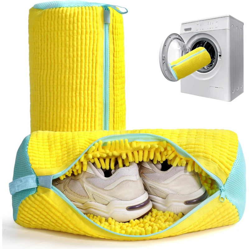 Bolsa lavadora de zapatos amarilla para lavadora y secadora - Bolsa de lavandería de poliéster resistente con cierre de cremallera, forro de felpa suave y acolchado mullido para proteger tenis, zapatos casuales y calzado deportivo