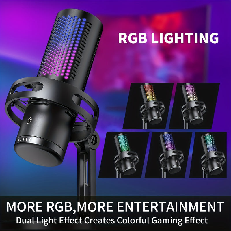 Microfono de Juego RIKSOIN RGB USB-C con Cancelación de Ruido, Silencio Rápido, Trípode Ajustable y Diseño Antigolpes, Control de Volumen Plug-and-Play, Iluminación RGB en Tiempo Real - Compatible con PS4/PS5/PC para Streaming, Videoconferencias (), Grab