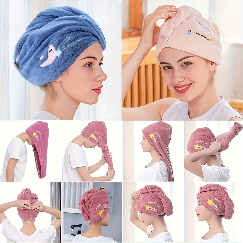 Toalla de Microfibra para el Cabello con Diseño de Dibujos Animados - Material Suave de Vellón Coral, Diseño Seguro de Asa Única, Gorro de Baño para Secar Cabello Mojado, Accesorio Ideal para Baños en Autocaravanas