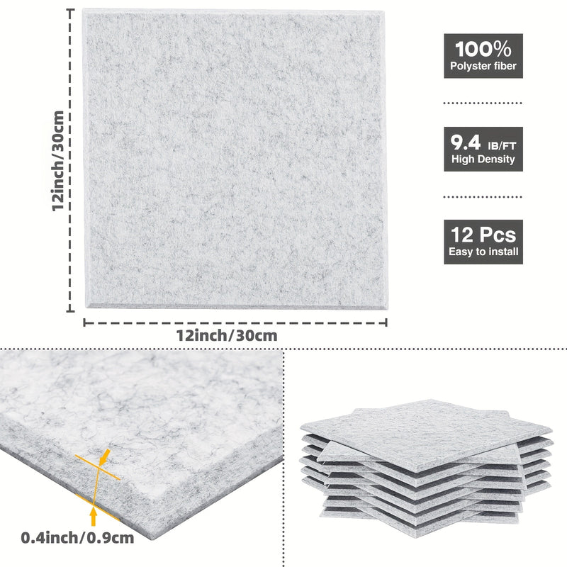 Panel acústico de alta densidad de 12 piezas autoadhesivas en gris plateado de 30*30*0.9cm, ideal para salas de reuniones, paredes y techos de oficinas, estudios de grabación, estudios vocales, salas de juegos, cines, tratamiento acústico y paneles de ai