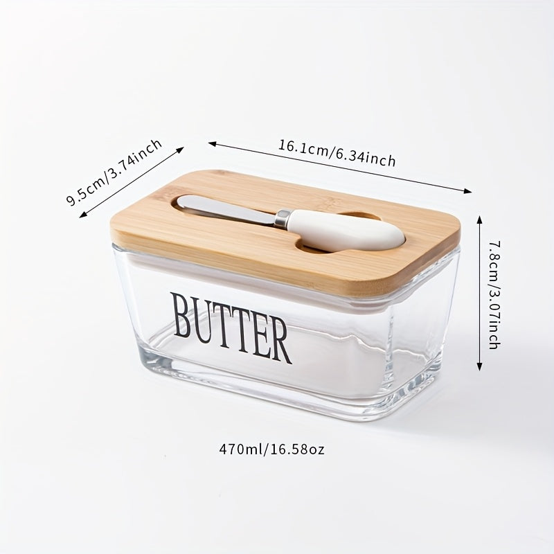 1 Juego de mantequillera de vidrio con tapa de madera de acacia YumiPLUS, caja de almacenamiento de mantequilla de vidrio grueso con diseño, para cocina casera, recipiente grande para mantequilla, protector de galletas, regalo ideal para amigos y familia