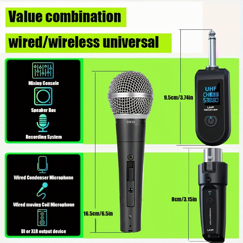 Sistema de micrófono inalámbrico profesional con microfonía dinámica - Transmisor y receptor UHF, batería recargable/carga USB-C, adecuado para actuaciones en vivo y karaoké, conjunto de tres piezas de micrófono para PC/inalámbrico con cable universal