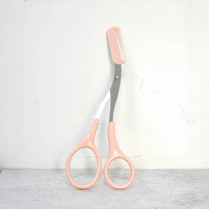 Tijeras de acero inoxidable rosa para recortar cejas con peine incorporado - Herramienta de precisión para cejas perfectas, no recargable, operación manual, ideal para uso en el salón