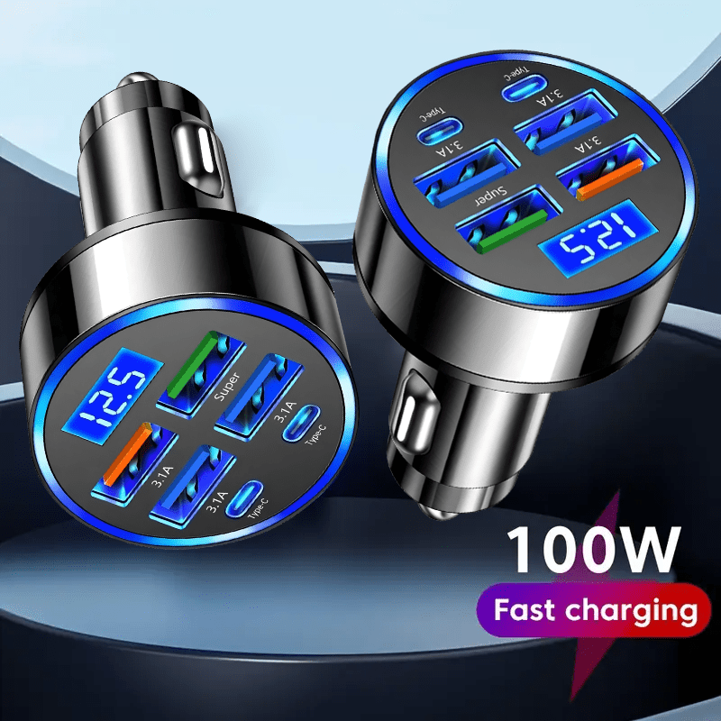 Carregador Móvil 6-en-1, 2PD 4USB, Cargador de Coche con 6 Puertos, Carga Rápida de 100W, Pantalla de Voltaje/Prueba, Luz Ambiente con Refrigeración Inteligente por Chip, Universal para Todos los Modelos, Elección Ideal para Regalo en 11 Fiestas