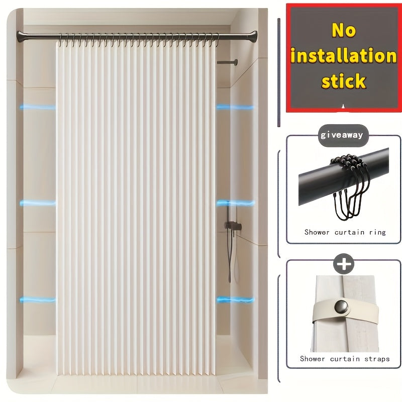 Cortina de baño plegable de alta calidad sin perforación, con ganchos metálicos, tela beige texturizada, diseño moderno para separación de áreas secas y húmedas, privacidad, fácil almacenamiento, divisor de zona húmeda, complemento de decoración contempo