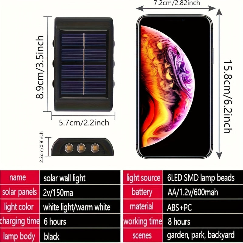 Lámparas solares para exterior con 6 LED, paquete de 2 piezas. Incluye 6 luces LED, 2 modos de iluminación, sin necesidad de carga, fácil instalación y no daña la pared