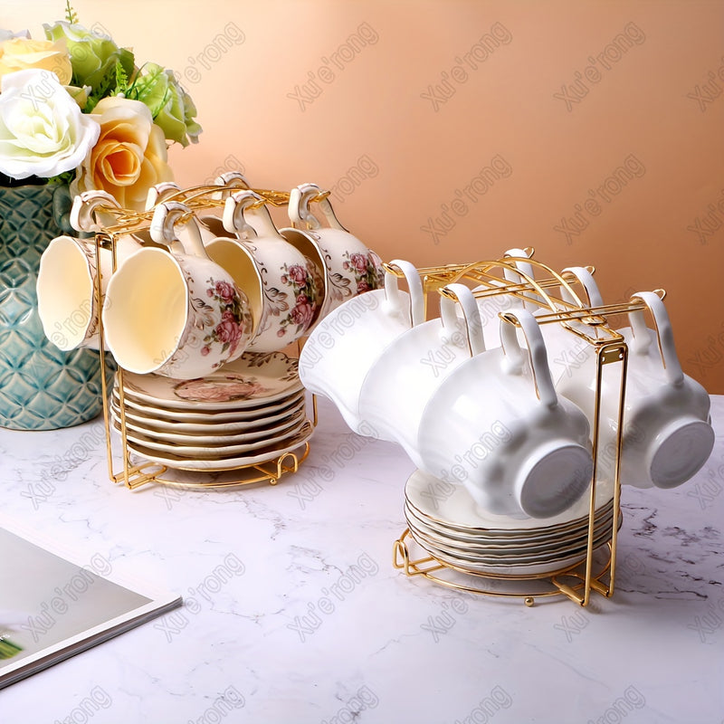 1 soporte plegable elegante de metal dorado para tazas y platillos, capacidad para 6 tazas de té florales, ideal para mostrador de cocina o sala de estar