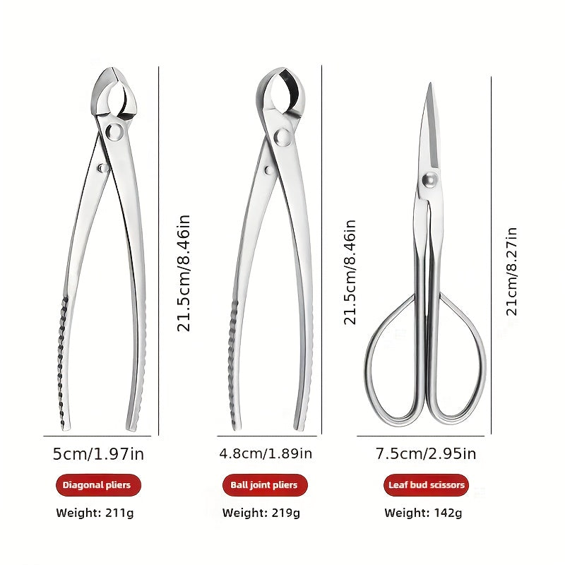 Juego de herramientas para bonsái de 3 piezas / Kit de herramientas para bonsái de acero aleado con tijeras de brotes individuales, incluyendo tijeras con mango de 210mm de largo / tijeras para ramas de 205mm / tijeras para nudos de 205mm (juego de 3 pie