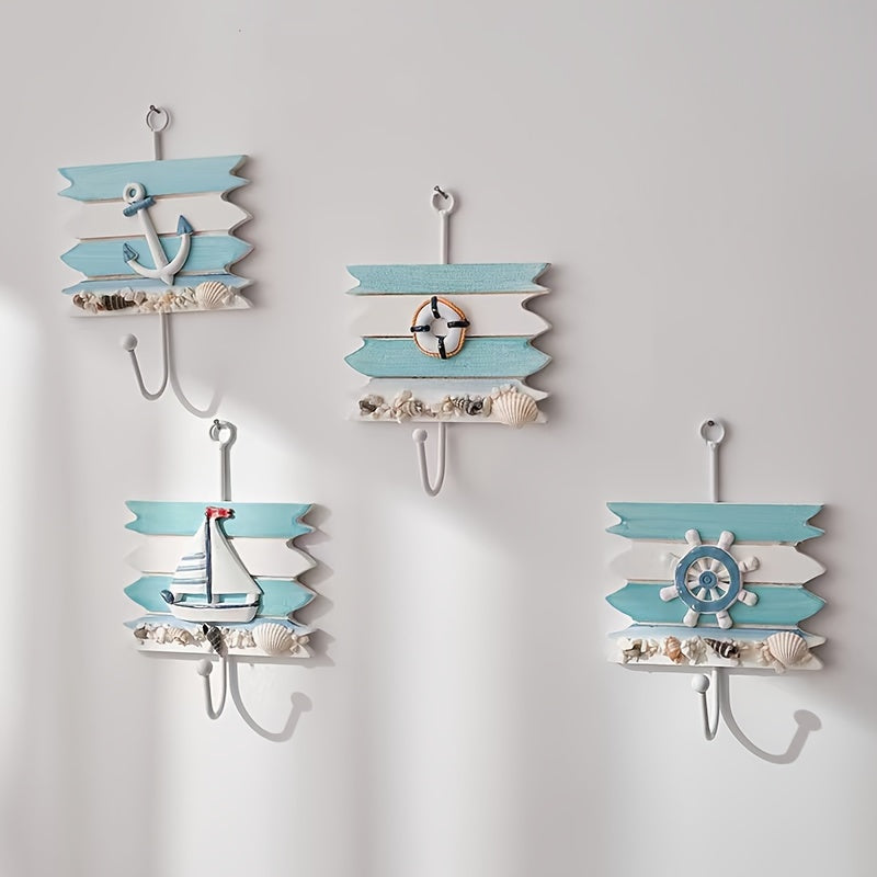 Perchero de madera contemporáneo y ganchos para toallas, organizador de almacenamiento de fácil instalación en la pared para el hogar, hotel, decoración costera - Perchero colgante de temática náutica con velero decorativo, ancla, timón y conchas marinas
