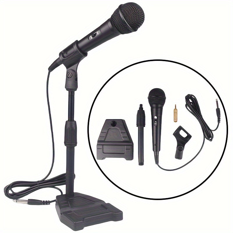 Conjunto de soporte de micrófono de bobina de movimiento con cable profesional, micrófono portátil, micrófono dinámico de mano universal con enchufe de 6,35 mm/0,25 pulgadas y adaptador de 3,5 mm/0,138 pulgadas. Adecuado para teclados electrónicos, instr