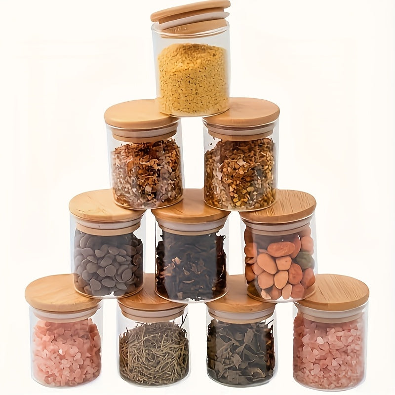Juego de 12 Tarros Redondos para Especias de Vidrio de 6oz/9oz con Tapas de Bambú Selladas, Bolígrafo y Etiquetas, Cepillo de Limpieza para Organización de Alimentos en la Cocina - Bolsitas de Té, Granos de Café, Dulces, Galletas