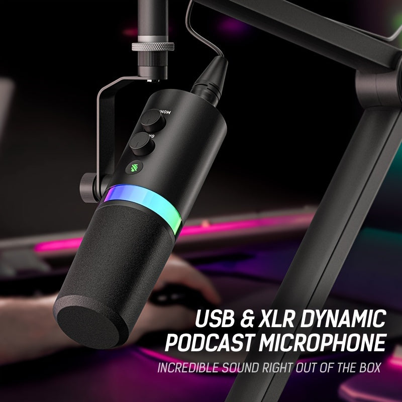 Micrófono Dinámico AmaceX RGB con XLR/USB - Ideal para Podcasting, Gaming, Grabación y Voz en Off | Construcción Metálica con Función de Silencio