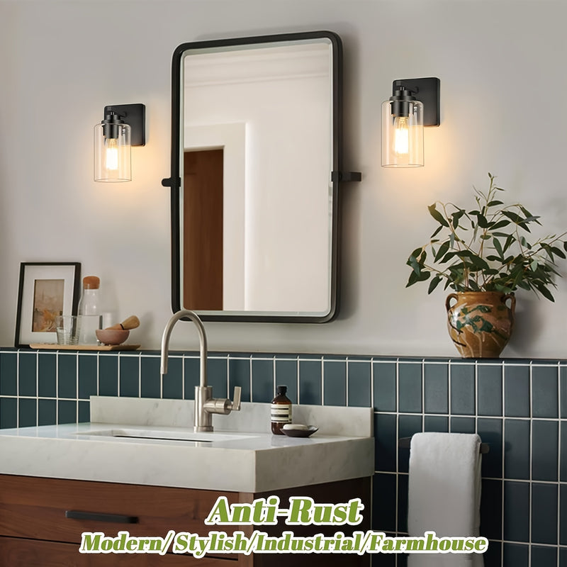 Juego de 2 Apliques de Pared para Baño, Luces Modernas para Tocador, Linternas de Iluminación de Montaje en Pared en Negro Mate, Luces de Pared Estilo Granja con Pantalla de Vidrio Transparente para Dormitorio, Sala de Estar, Pasillo y Cocina (Bombilla I