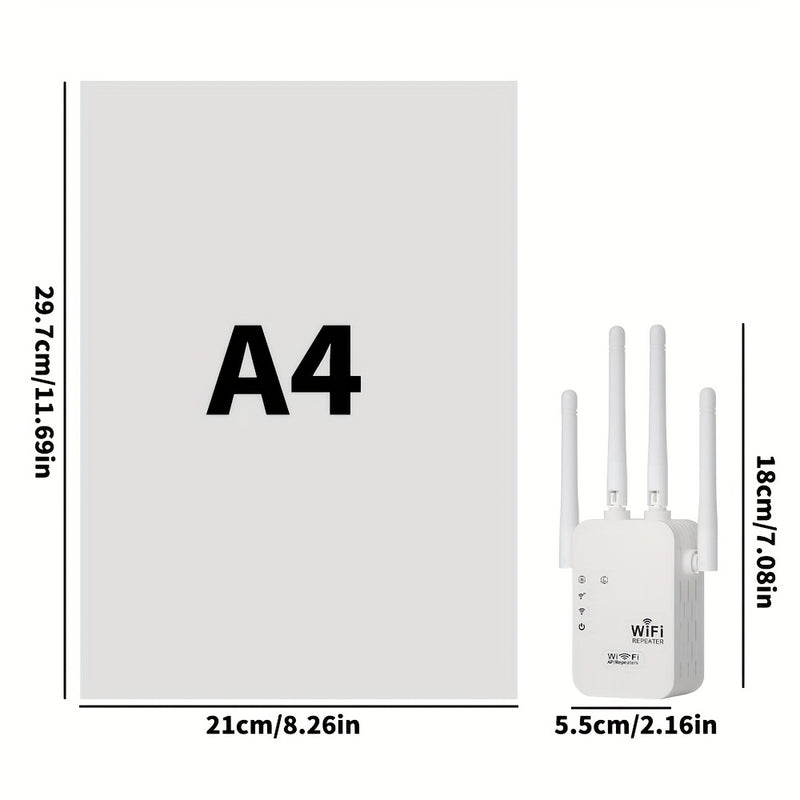 Momotor Extensor WiFi, Amplificador de Señal WiFi 2.4GHz (8500 pies cuadrados), Cobertura Fuerte y Penetración Profunda, Compatible con 35 Dispositivos, 4 Modos, Configuración Rápida, 4 Antenas 360°, Puerto Ethernet Incluido, Ideal para Hogar, Oficina, C