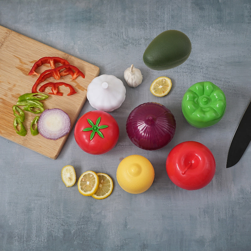 7 Piezas de Contenedores para Frutas y Verduras - Tapas Antifugas, Recipientes Plásticos Reutilizables para Refrigerador y Despensa, Lavado a Mano, Diseño Compacto, Material BPA-Free, Organización de Alimentos, Granos y Ajo, Ideal para Cocinas Caseras