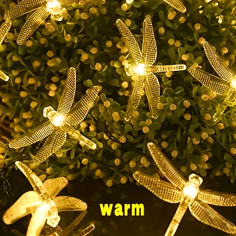 Luces de Cuerda Solar Libélula, 20 LEDs, 8 Modos, Plástico, Tema Animal, Control con Botón, Batería de Níquel 600mAh No Extraíble, para Jardín, Bodas, Árbol, Navidad y Decoración de Halloween