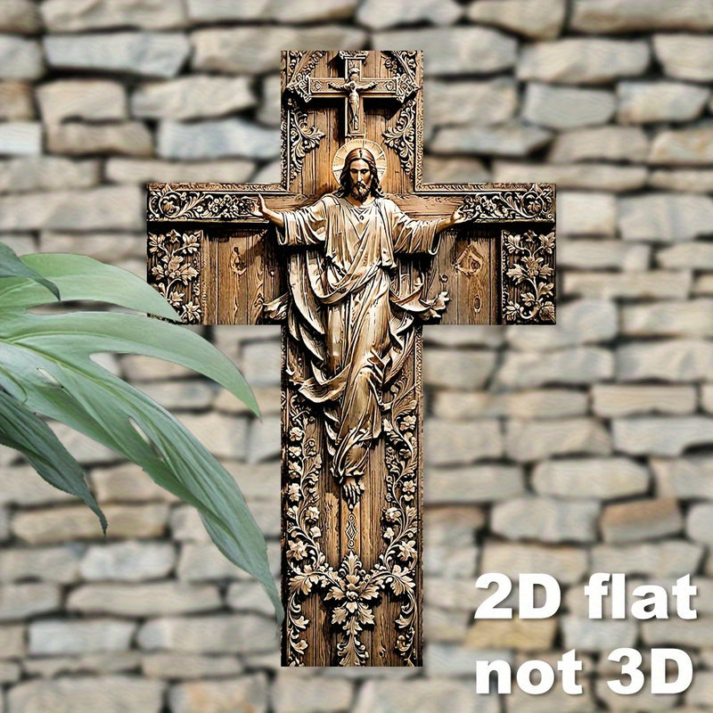 Crucifijo de Madera Artificial Regenerada Impreso en 2D con Patrones Florales - Arte Rústico Vintage para Navidad, Halloween, Pascua y Día de los Muertos - Decoración para Iglesia y Hogar, Plano en 2D