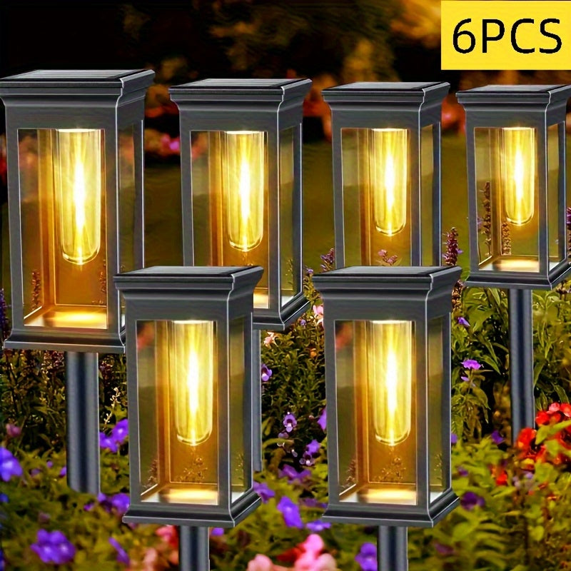 6 piezas, luces solares para senderos, lámpara cuadrada, bombilla de wolframio para decoración de atmósfera al aire libre - Adecuado para villa, jardín, patio, sendero y iluminación de paisaje de patio.