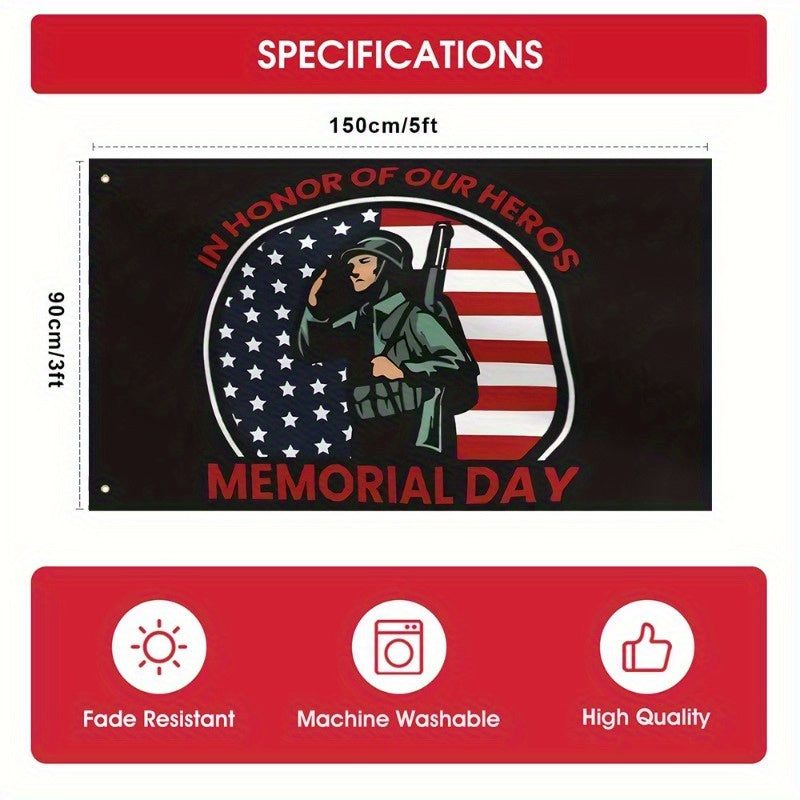 1 pieza de bandera de bandera de Día de los Caídos Patriótica 3x5 pies - "En honor a nuestros héroes" con soldado salutando y diseño de bandera estadounidense, tejido de poliéster duradero para decoraciones al aire libre y celebraciones, decoraciones de