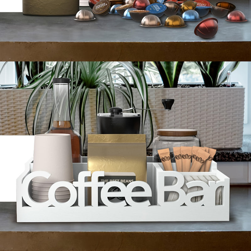 Organizador rústico de madera para barra de café, estación rectangular vintage para mostrador para accesorios, soporte para cápsulas y jarabe con tapa abatible no impermeable, decoración multiusos para barra de café estilo granja.