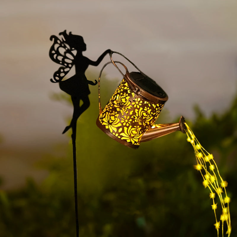 Aspersor de hadas con energía solar con luces apiladas, decoración de jardín impermeable, batería de níquel de 600mAh, tetera solar de metal, luz de cascada para decoración festiva al aire libre, iluminación al aire libre | Característica de jardín de ha