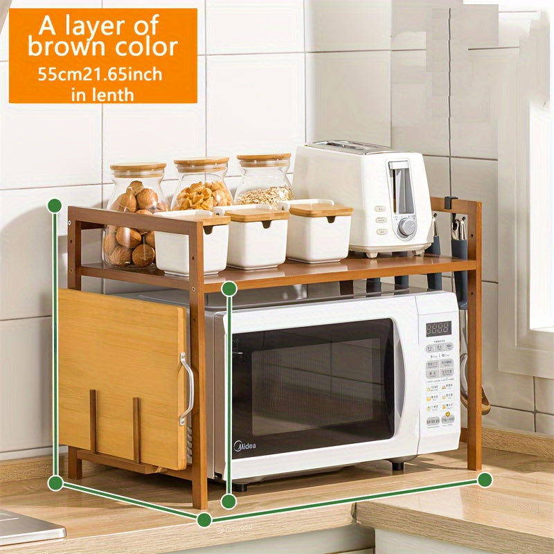 Un estante protector de bambú para hornos microondas y horno, un conjunto de almacenamiento que ahorra espacio para tarros de condimentos de cocina, una combinación de estantes de almacenamiento y un organizador multifuncional para salones y dormitorios