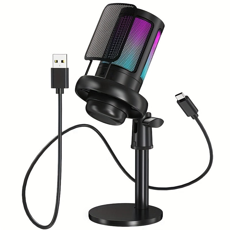 Micrófono de condensador USB, micrófono de condensador con función de silencio rápido, indicador RGB, botón giratorio de ganancia, para grabación vocal de podcasts, transmisiones en vivo y juegos