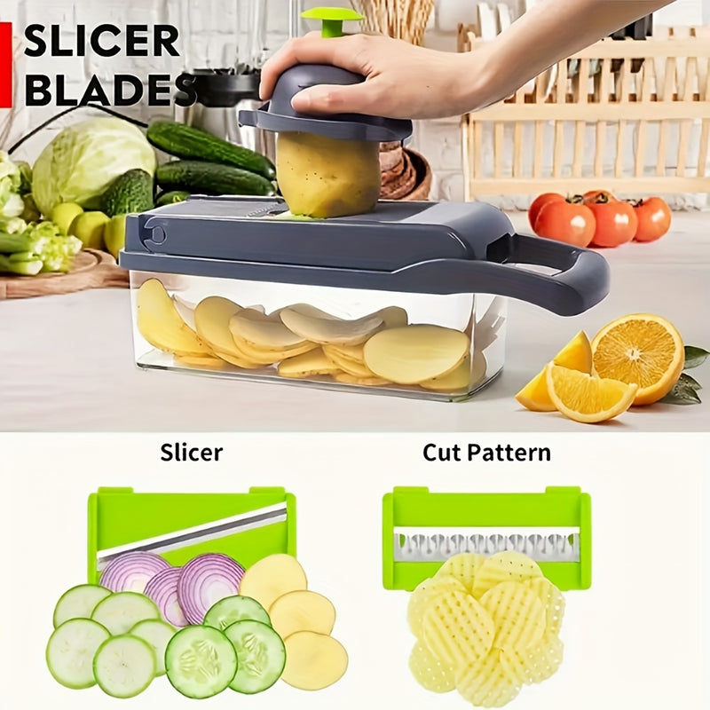 Juego de picadora de verduras 16 en 1 | 8 cuchillas, contenedor, pelador y filtro | Preparación fácil de comidas, cebolla profesional, zanahoria y picadora de ajo, suministros de cocina