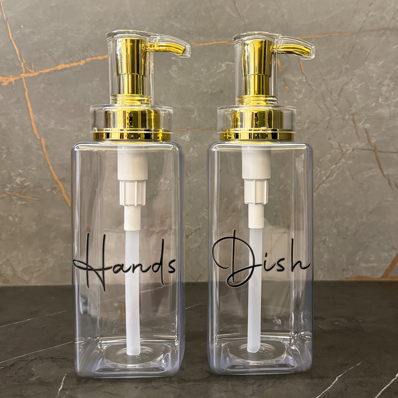 Juego de 2 dispensadores de jabón para encimera de 500 ml, independientes, de plástico, con bomba elegante para jabones y líquidos, botellas cuadradas ahorradoras de espacio con bomba dorada, accesorios elegantes para baño y hogar sin electricidad