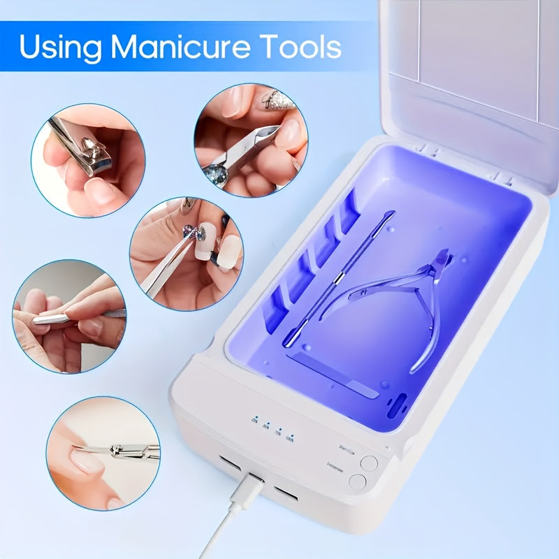 Caja de limpieza portátil para herramientas de uñas con luz azul, esterilizador USB para manicura, pedicura, pinzas, tijeras y suministros de salón, estuche plástico compacto sin pantalla, alimentado por USB para el hogar, recolector de polvo de uñas, eq