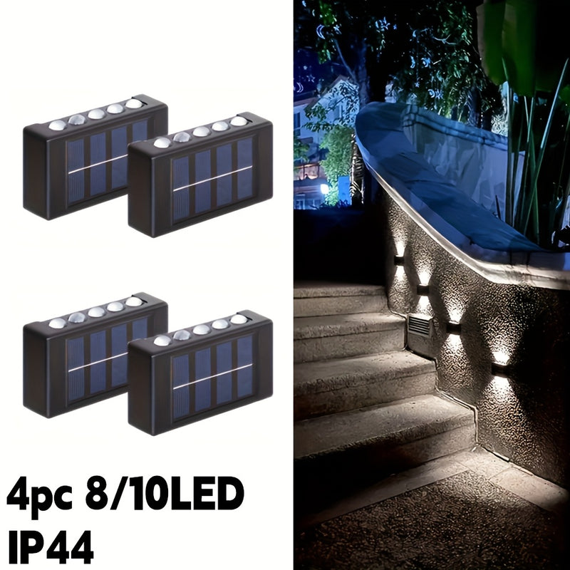 4 piezas, lámpara de pared solar convexo con luces LED 8/10/16 emitiéndose desde arriba y abajo, lámpara decorativa de pared para courtyards, lámpara de guía de atmósfera para jardines y porches, adecuada para jardines, courtyards, camas de flores y atri