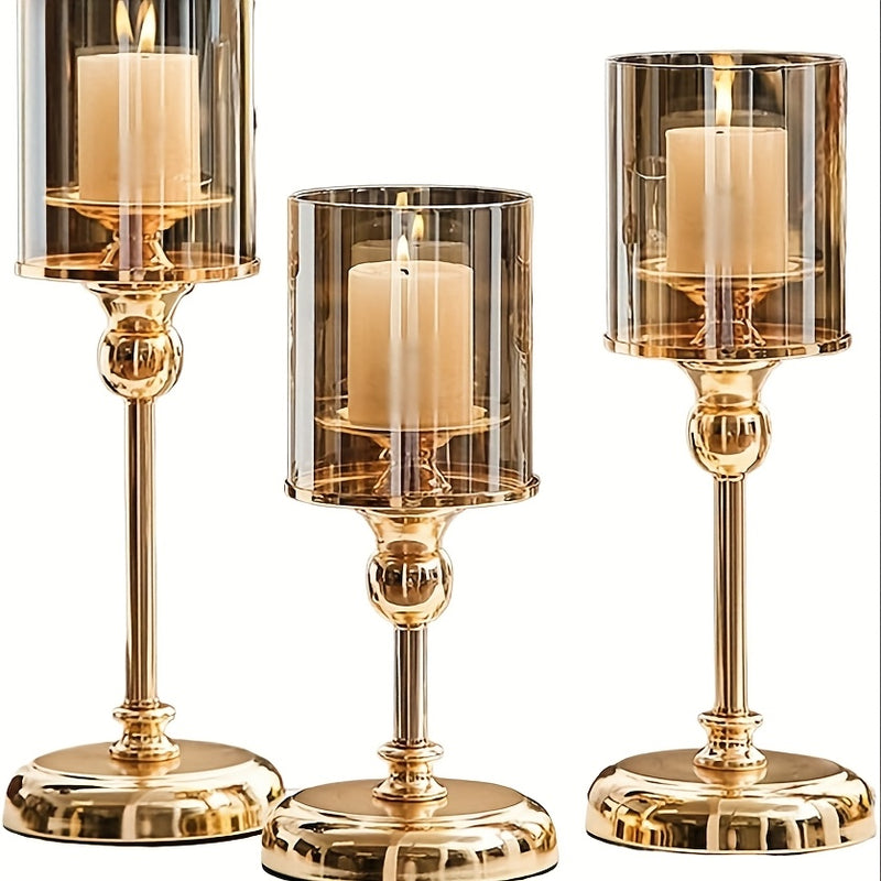 Juego de 3 Portavelas Elegantes de Vidrio y Metal Dorado - Acero Inoxidable, Cena Romántica y Diseño de Mesa para Decoración del Hogar