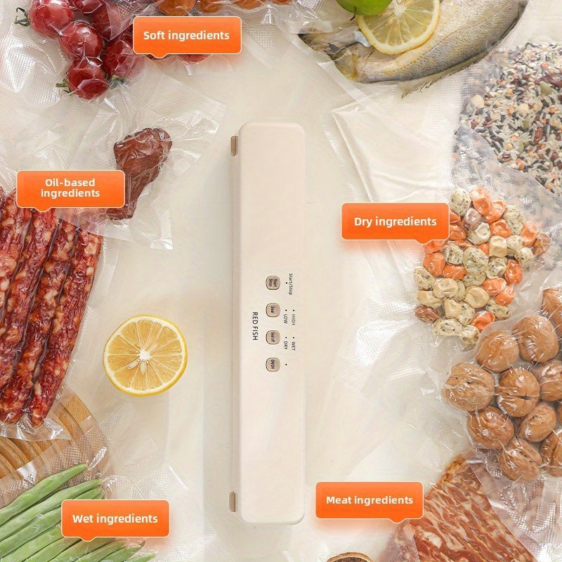 Kit de sellador de vacío inalámbrico portátil con carga USB, que incluye una función de sellado de bolsas de aperitivos, ideal para conservar alimentos, aperitivos, carnes, frutas y verduras. Diseñado para ahorrar espacio.