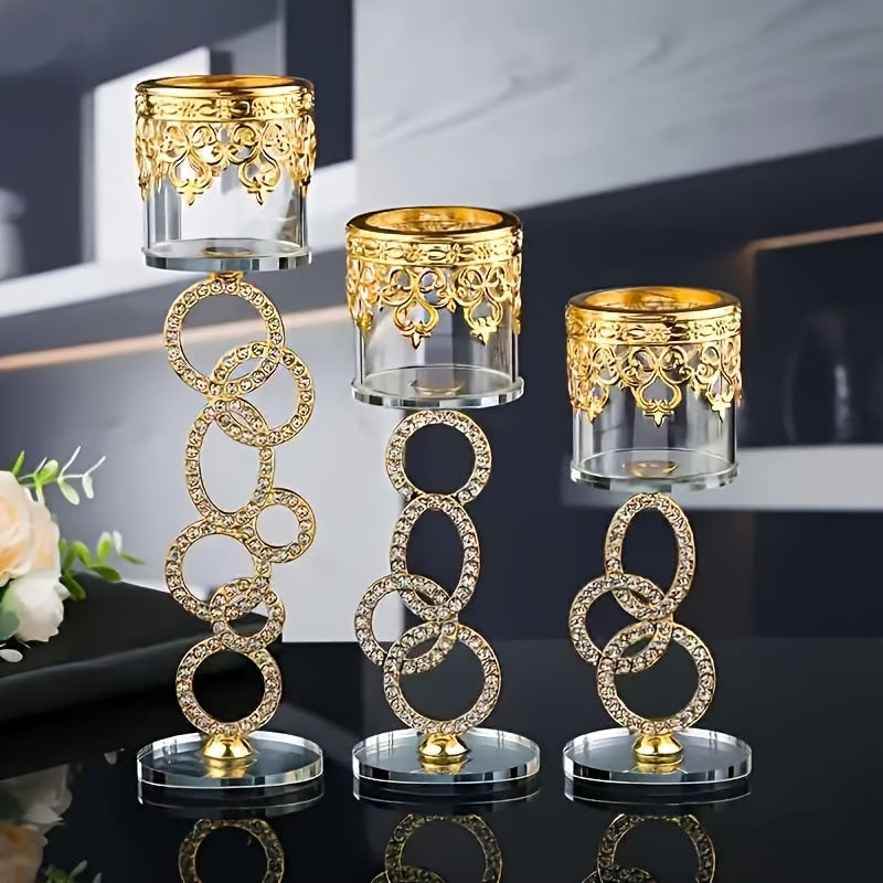 Juego de 3 piezas de soporte de velas de vidrio de cristal, elegante y romántico, con un toque de oro vintage, ideal para decoraciones navideñas, adornos de mesa.