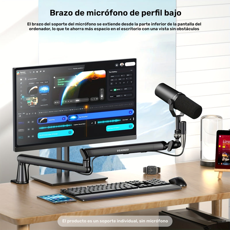 Brazo de micrófono Aokeo, brazo de micrófono con canal de gestión de cables, abrazadera de mesa, poste de altura extendida, soporte de micrófono para podcast resistente y multifuncional (AK-55 grueso)
