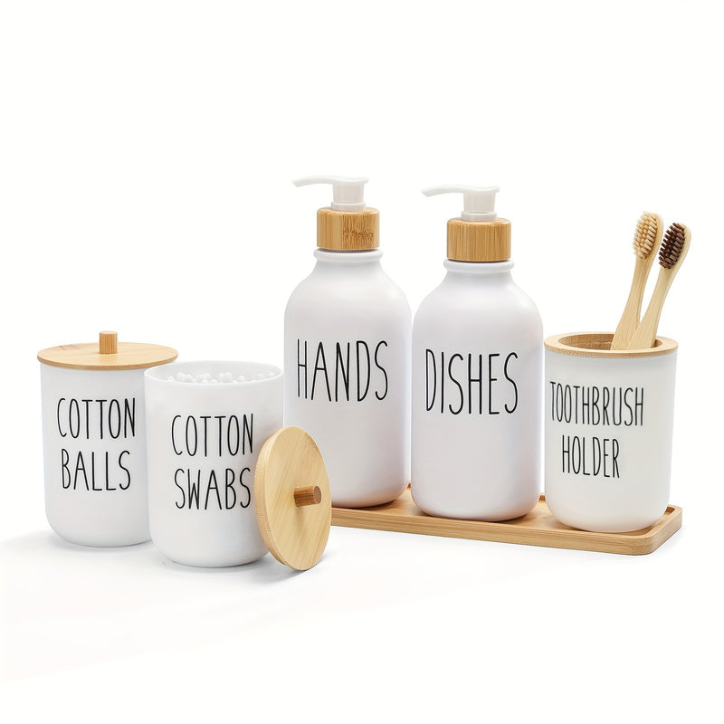Juego de Accesorios para Baño, Juegos de Accesorios de Plástico para Baño de 6 piezas con Bandeja de Tocador, Dispensador de Jabón, Portacepillos de Dientes, Porta Cepillitos y Bolas con Tapas de Bambú, Estilo Bohemio, Decoración Moderna para el Baño