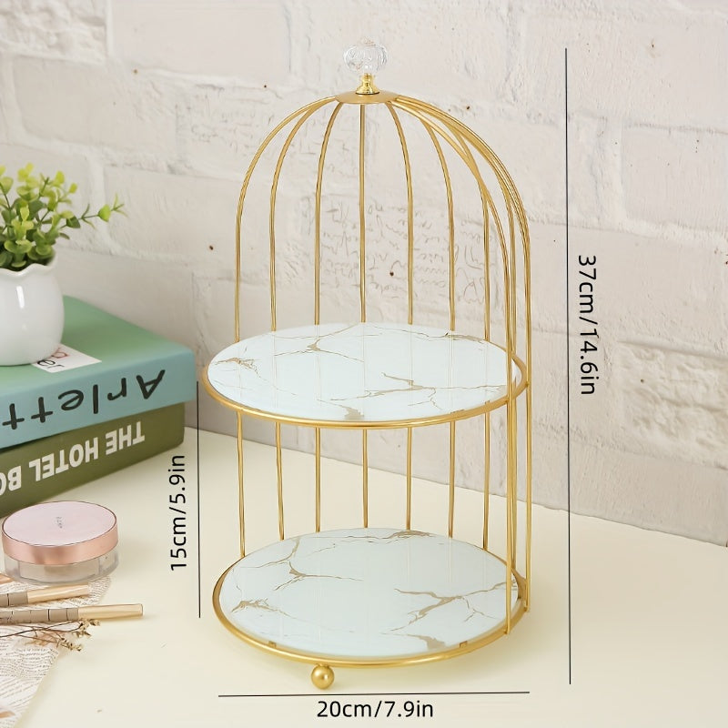 Elegante Soporte para Pastel de Doble Capa con Forma de Jaula de Pájaros - Exhibidor de Postres de Hierro Fundido Dorado para Sala de Estar, Perfecto para Aperitivos, Frutas y Dulces
