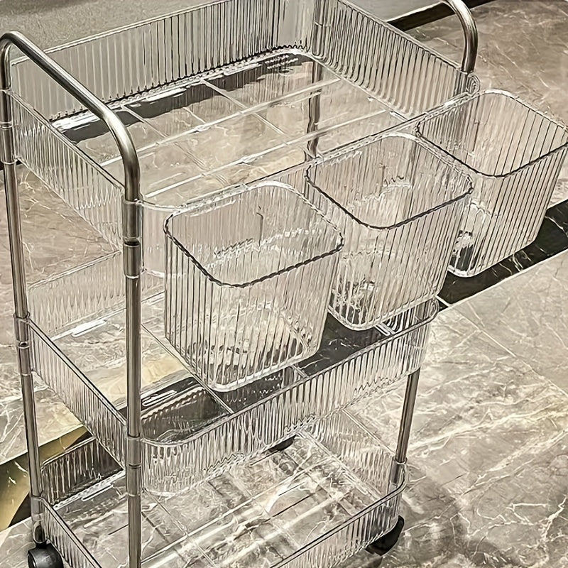 Carrito de almacenamiento acrílico transparente de 3 niveles con ruedas giratorias de 360°, diseño duradero y ahorrador de espacio para organización en el hogar y el baño, incluye 3 contenedores transparentes, solución de almacenamiento para baño, carrit