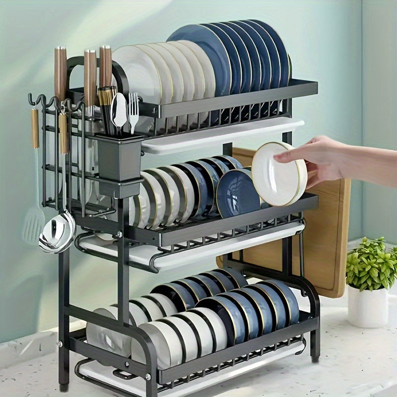 Escurridor de Platos de 2/3 Niveles, con Bandeja de Drenaje y Plato Goteador, Organizador de Cubiertos, Soporte para Cuchillos y Tenedores, Tabla de Cortar, Porta Palillos, Apto para Encimeras de Cocina, Accesorios de Cocina