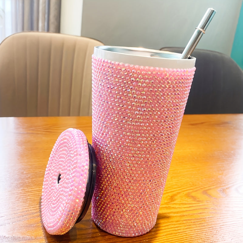 Taza térmica de acero inoxidable 304 con purpurina rosa brillante, doble pared al vacío, con popote, libre de BPA, para bebidas frías y calientes, regalo perfecto para Navidad, Día de San Valentín o Día de la Madre, diseño bling bling, duradero