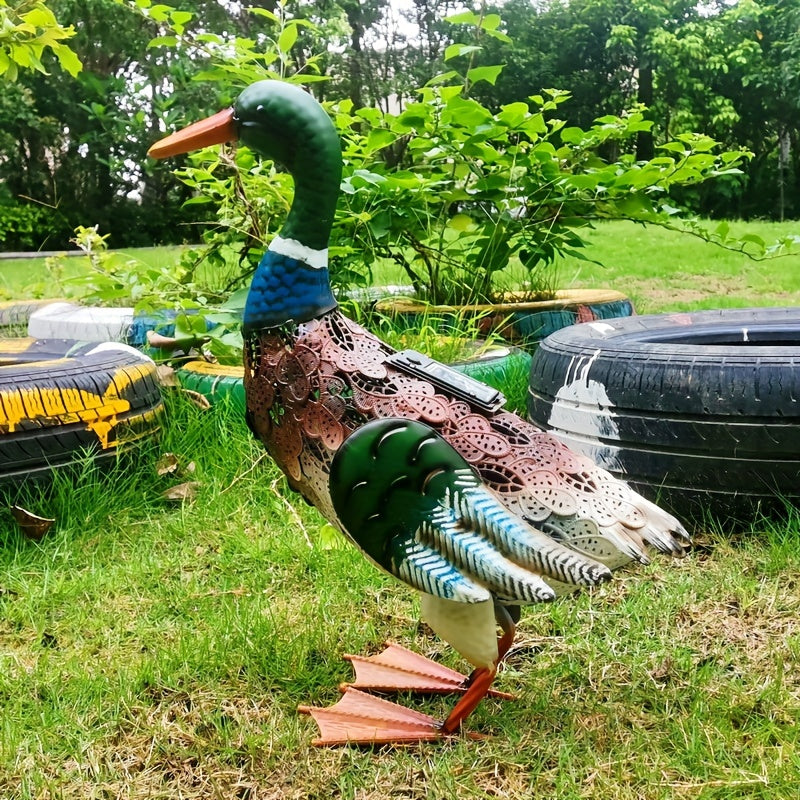 Estatuilla de pato de metal con energía solar, señuelo de garza con pátina, decoración resistente a la oxidación para jardín, hogar, oficina y fiestas temáticas, esculturas de grulla, decoración de escenas y festivales
