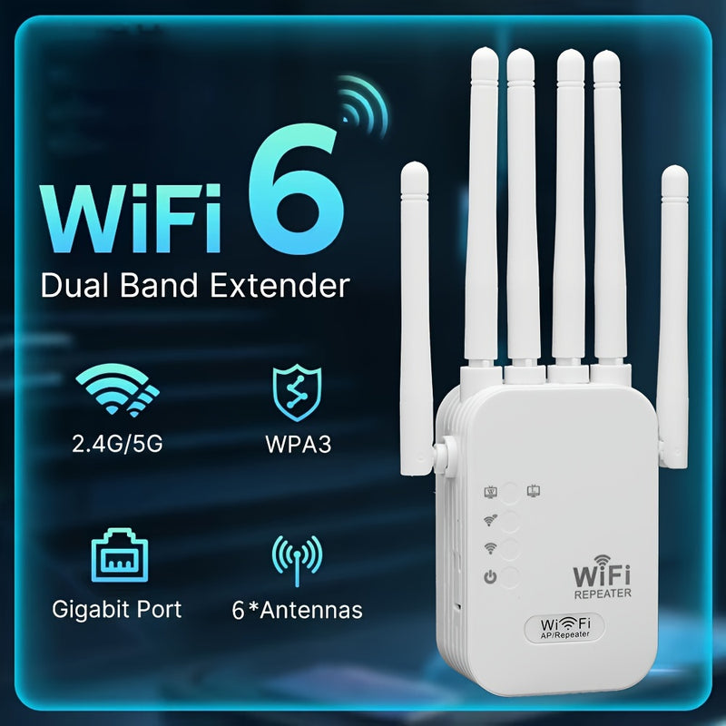 2025 Nuevo Potente Amplificador de WiFi, Repetidor de WiFi, 1200Mbps WiFi, Enchufe de EE. UU. (100-240V) para Cobertura en Hogares/Oficinas, Amplificador de Señal de WiFi de Alta Velocidad con Fuertes 6 Antenas - Puerto de Ethernet Conectado, Señal Poten