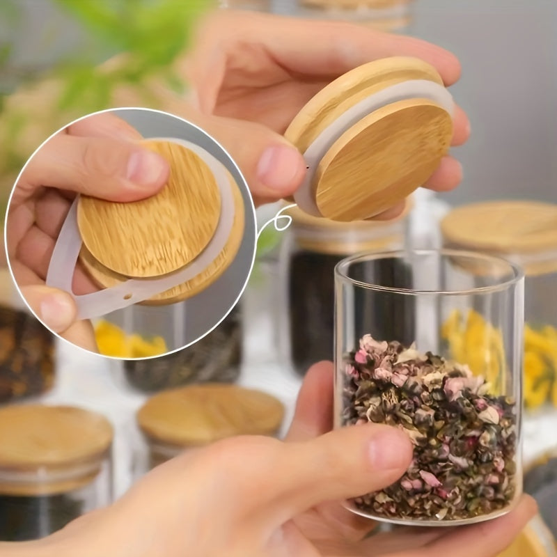 1 Juego de 12 Jarras de Vidrio Transparente Redondas de Uso Alimentario con Tapa de Bambú, Papel y Pluma, para Almacenamiento de Comida, Snacks, Hierbas, Granos y Frutas Secas, con un Estilo Simple.