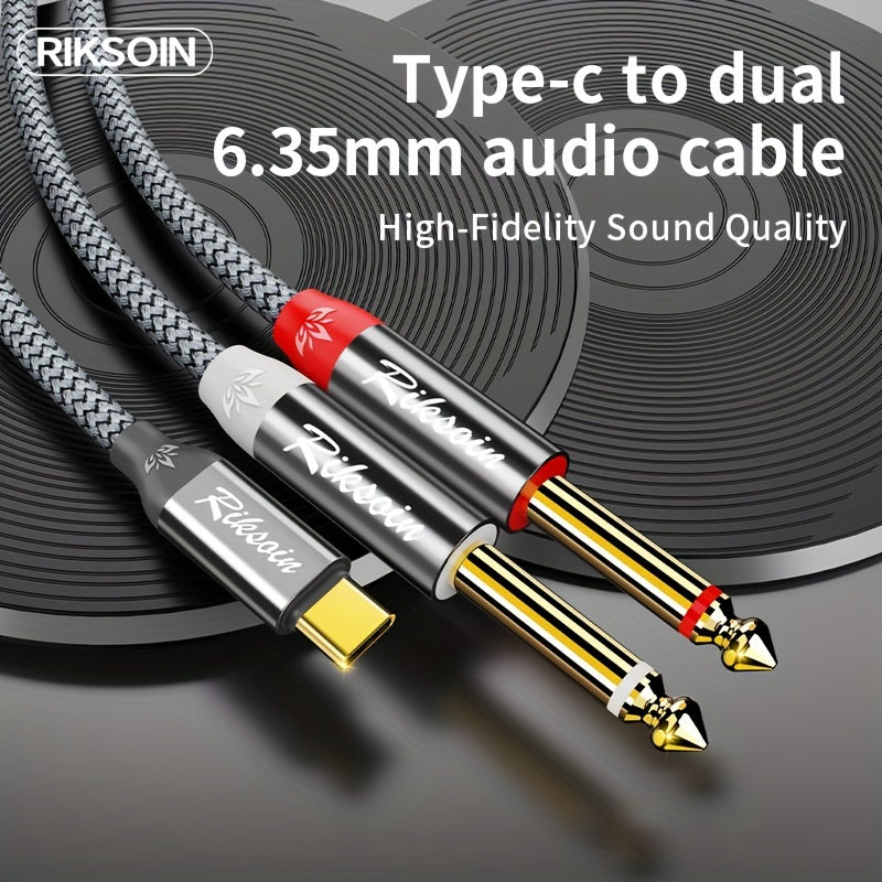 RIKSOIN Cable Y-Splitter de Audio Estéreo Trenzado de Alta Fidelidad USB-C a Dual 6.35mm TS, Conectores Chapados en Oro - Ideal para Amplificadores, Consolas de Mezcla, Altavoces, Smartphones y Portátiles